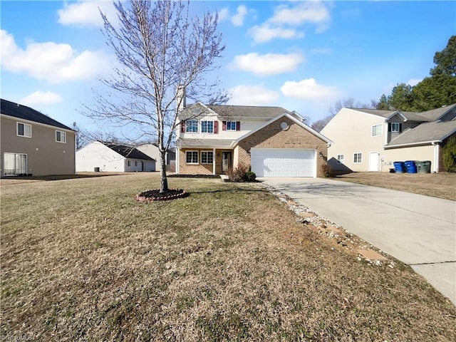 front facade with a garage and a front lawn