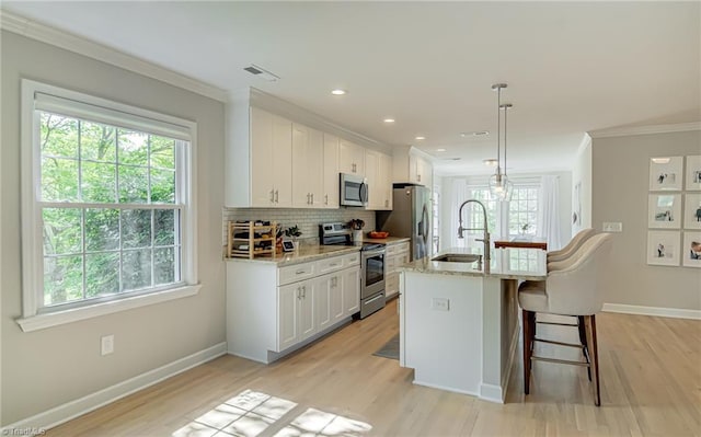 kitchen with appliances with stainless steel finishes, plenty of natural light, ornamental molding, and a sink
