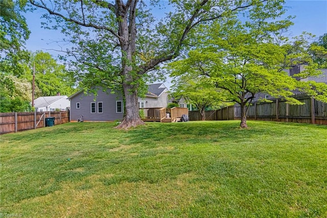 view of yard with a wooden deck and a fenced backyard