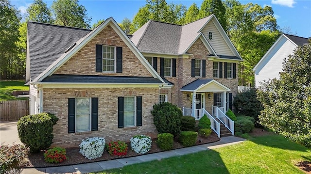craftsman-style house featuring brick siding, a front yard, fence, and roof with shingles