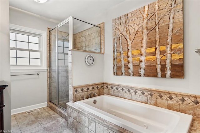 bathroom featuring vanity, shower with separate bathtub, and tile patterned floors