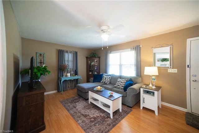 living room featuring ceiling fan and light hardwood / wood-style flooring