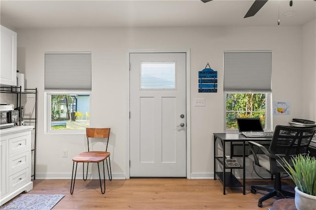 foyer entrance featuring ceiling fan and light hardwood / wood-style flooring