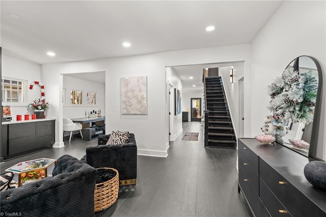 living room with dark wood-type flooring