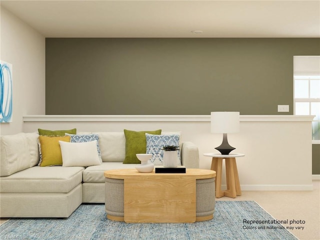 living area with carpet floors and baseboards