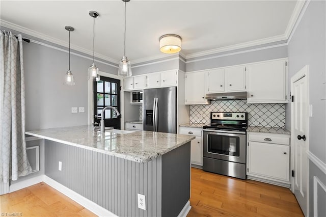 319 Hanover Arms Ct, Winston-Salem, NC 27104 - kitchen featuring stainless steel appliances, a sink, under cabinet range hood, a peninsula, and light wood finished floors