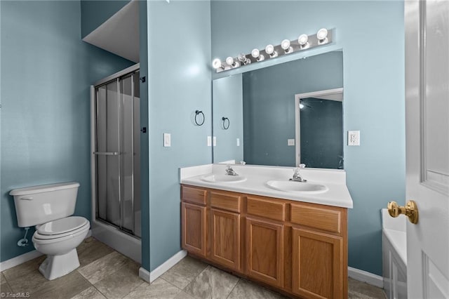 bathroom with tile patterned flooring, toilet, an enclosed shower, and vanity