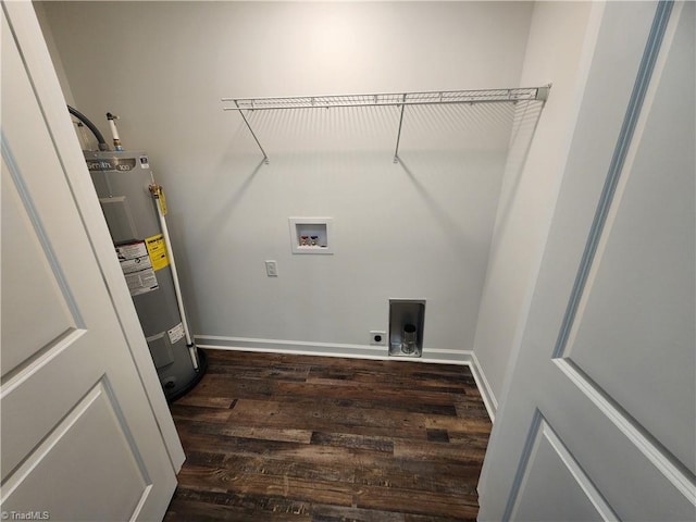 laundry room featuring electric water heater, hookup for a washing machine, dark wood-type flooring, and hookup for an electric dryer