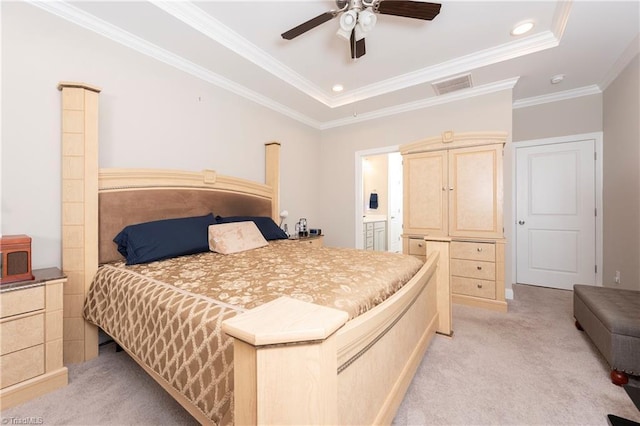 410 Mountain Grove Ln, Kernersville, NC 27284 - bedroom with light carpet, a raised ceiling, ornamental molding, ensuite bathroom, and recessed lighting