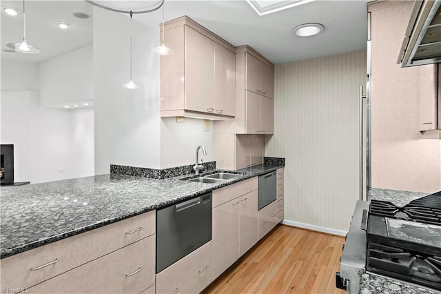 881 Brookleigh Ct, Winston-Salem, NC 27104 - kitchen with a sink, light wood-style flooring, dishwasher, dark stone countertops, and recessed lighting