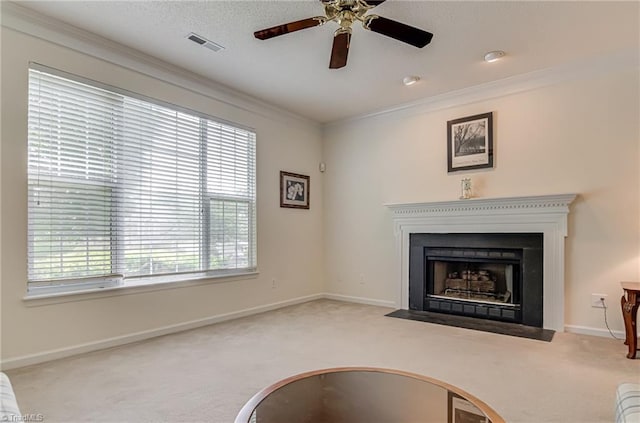 4317 Bradbury Way, High Point, NC 27265 - unfurnished living room featuring carpet floors, a ceiling fan, ornamental molding, and a fireplace with flush hearth