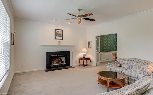 4317 Bradbury Way, High Point, NC 27265 - living room with a ceiling fan, carpet floors, ornamental molding, and a fireplace with flush hearth
