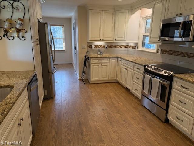 kitchen featuring decorative backsplash, plenty of natural light, light wood-type flooring, and stainless steel appliances