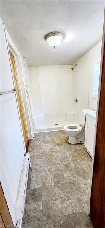 bathroom featuring toilet, vanity, and walk in shower