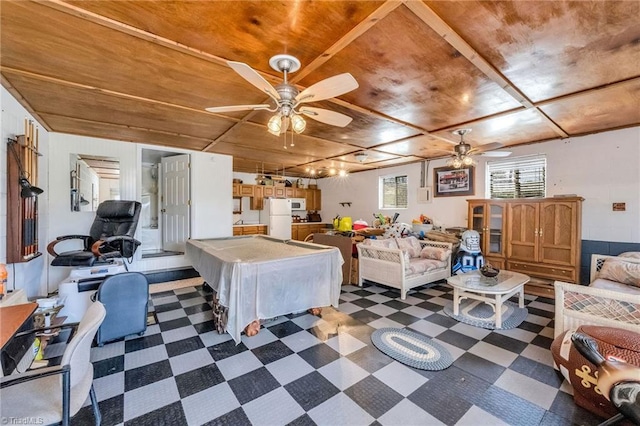 playroom with wooden ceiling, tile patterned floors, a ceiling fan, and billiards