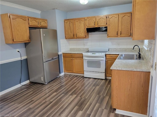 kitchen featuring dark wood-type flooring, white electric range, under cabinet range hood, a sink, and freestanding refrigerator