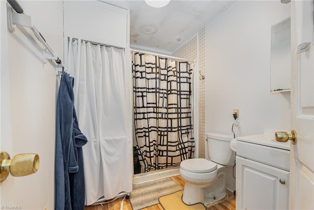 6215 Russwood Dr, Pleasant Garden, NC 27313 - bathroom with toilet, wood finished floors, a stall shower, and vanity