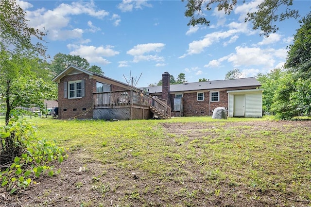 6215 Russwood Dr, Pleasant Garden, NC 27313 - back of house with brick siding, a wooden deck, crawl space, stairway, and a yard