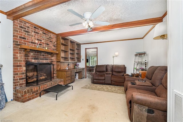 6215 Russwood Dr, Pleasant Garden, NC 27313 - living area with beam ceiling, a textured ceiling, ornamental molding, carpet flooring, and ceiling fan