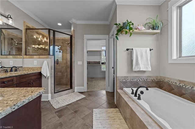 601 Rachel Smothers Dr, Greensboro, NC 27455 - full bath featuring healthy amount of natural light, vanity, ornamental molding, a shower stall, and recessed lighting