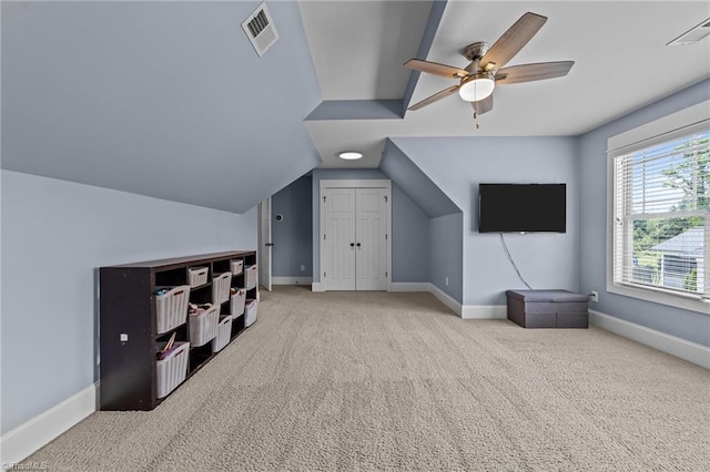 601 Rachel Smothers Dr, Greensboro, NC 27455 - additional living space with carpet, baseboards, a ceiling fan, and lofted ceiling