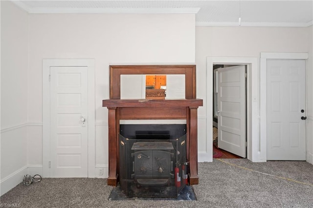 living room featuring dark colored carpet, a wood stove, and crown molding