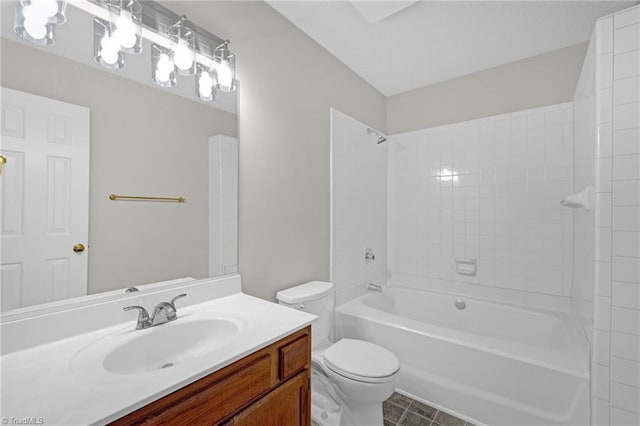 full bathroom with shower / bathtub combination, toilet, tile patterned floors, and vanity