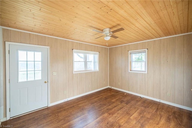 interior space with ornamental molding, ceiling fan, wooden walls, hardwood / wood-style flooring, and wooden ceiling