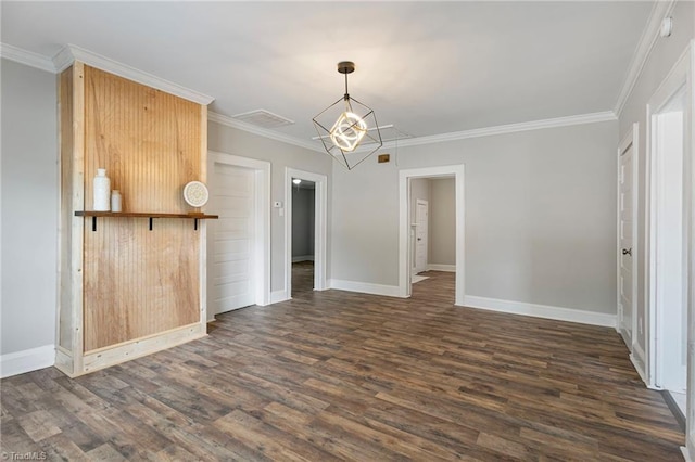 unfurnished dining area featuring crown molding and dark hardwood / wood-style floors