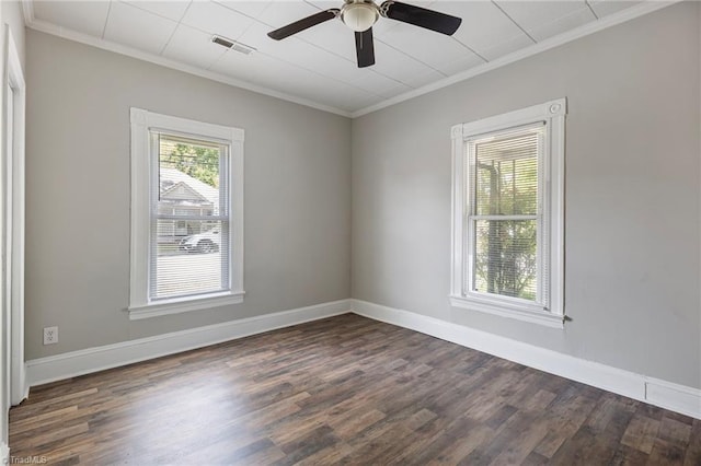 unfurnished room with dark wood-type flooring, ceiling fan, and ornamental molding