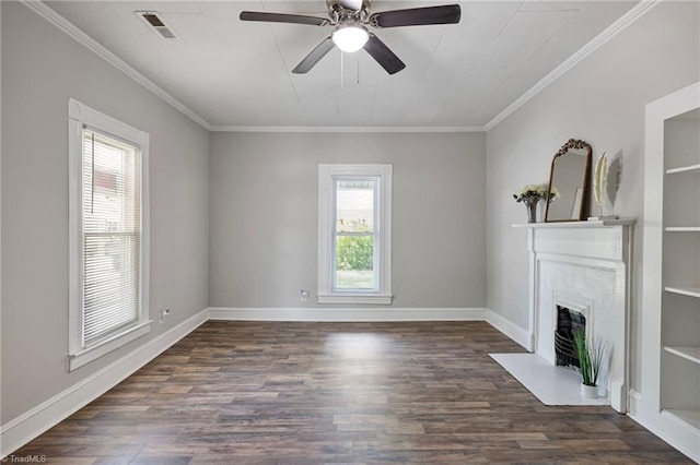 unfurnished living room with dark wood-type flooring, ceiling fan, and ornamental molding