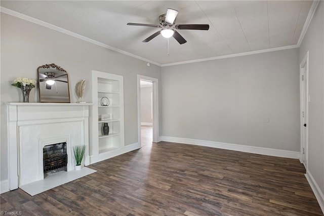 unfurnished living room with dark wood-type flooring, ceiling fan, crown molding, and built in features