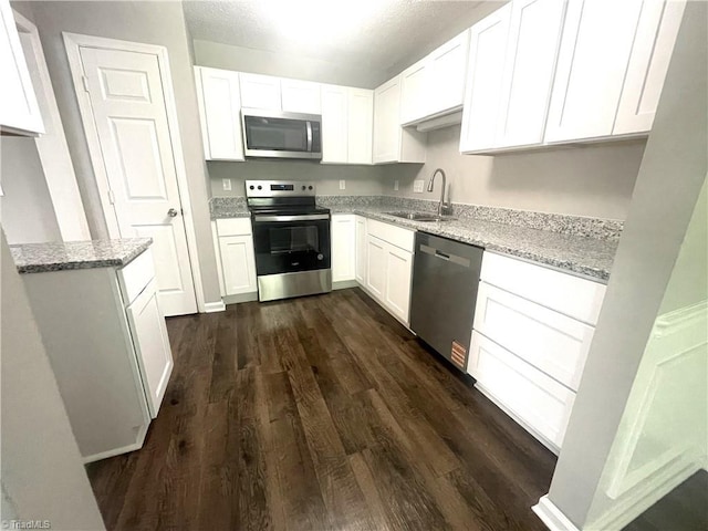 kitchen with a sink, dark wood-style flooring, light stone countertops, and stainless steel appliances