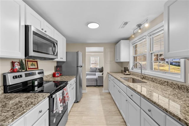 kitchen with light stone counters, sink, white cabinets, and stainless steel appliances