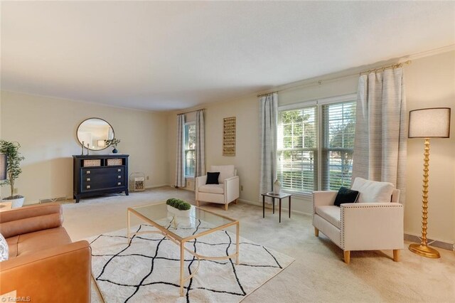 carpeted living room with ornamental molding