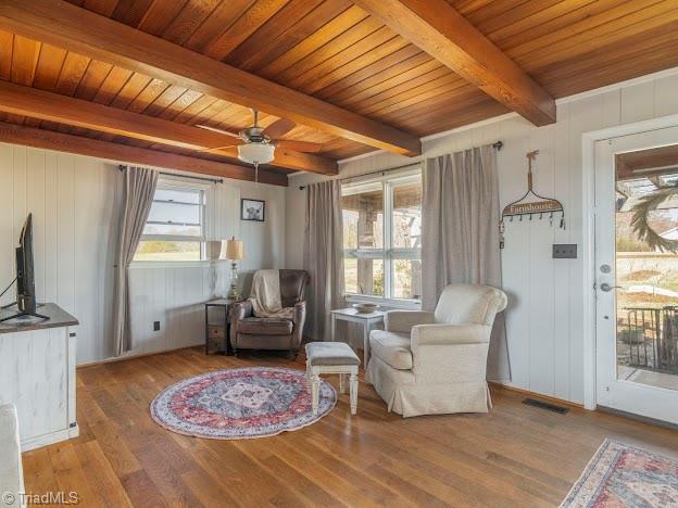 sitting room featuring wooden ceiling, visible vents, and wood finished floors