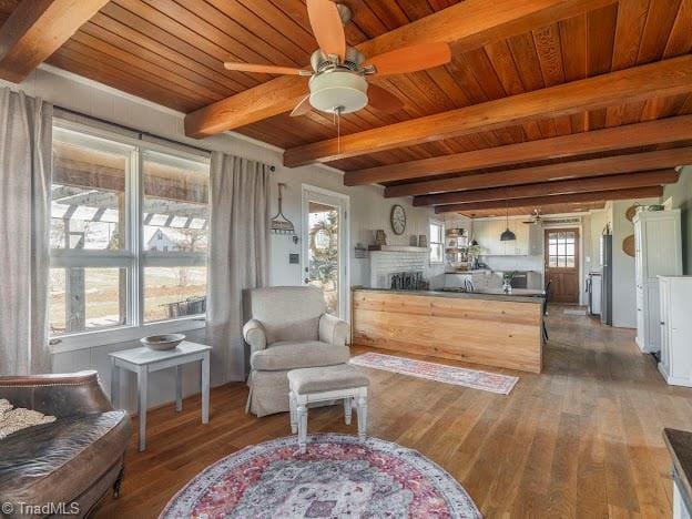 sitting room with wood ceiling, ceiling fan, beam ceiling, and wood finished floors