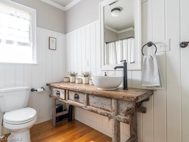 bathroom with ornamental molding, vanity, toilet, and wood finished floors