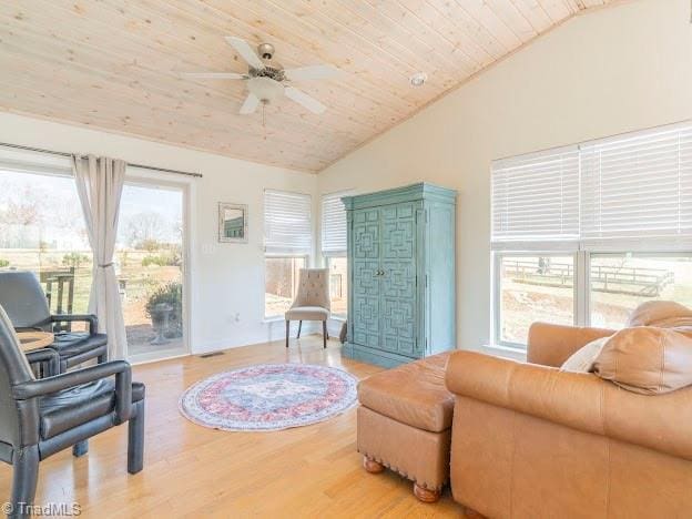 sitting room featuring wooden ceiling, a ceiling fan, vaulted ceiling, and wood finished floors