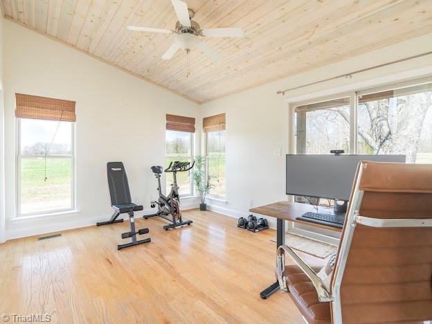 exercise room featuring visible vents, a ceiling fan, lofted ceiling, wooden ceiling, and wood finished floors