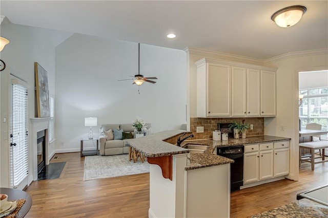 3001 Walbrook Ter, Browns Summit, NC 27214 - kitchen featuring black dishwasher, a sink, light wood-style floors, dark stone countertops, and a peninsula