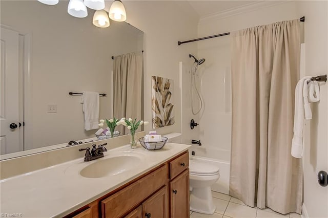 3001 Walbrook Ter, Browns Summit, NC 27214 - bathroom with crown molding, toilet, vanity, tile patterned floors, and shower / tub combo with curtain