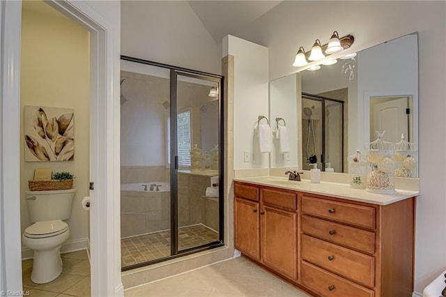3001 Walbrook Ter, Browns Summit, NC 27214 - bathroom featuring tile patterned flooring, a stall shower, vanity, and toilet