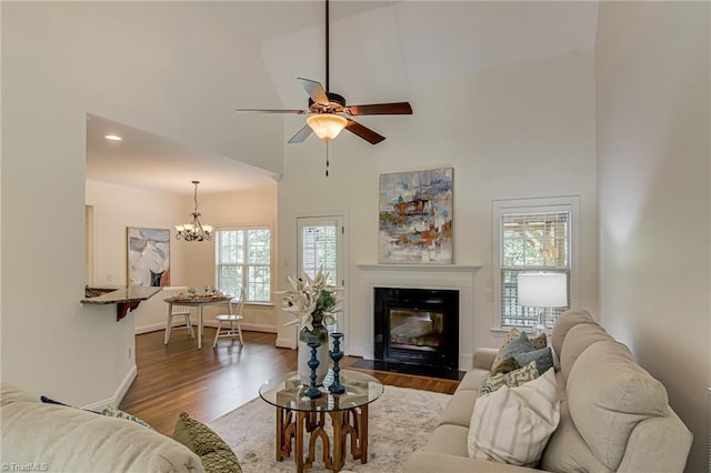 3001 Walbrook Ter, Browns Summit, NC 27214 - living room with high vaulted ceiling, wood finished floors, a ceiling fan, a chandelier, and a fireplace with flush hearth