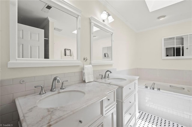 4548 Fernhaven Cir, Winston-Salem, NC 27104 - full bathroom featuring double vanity, a garden tub, crown molding, a skylight, and tile patterned floors