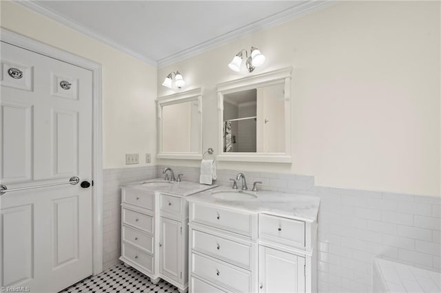 4548 Fernhaven Cir, Winston-Salem, NC 27104 - full bath with tile walls, a wainscoted wall, double vanity, a shower, and ornamental molding