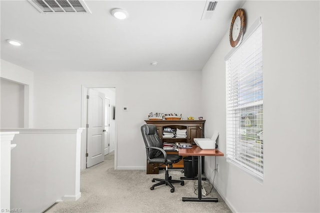 office area with carpet, baseboards, and recessed lighting