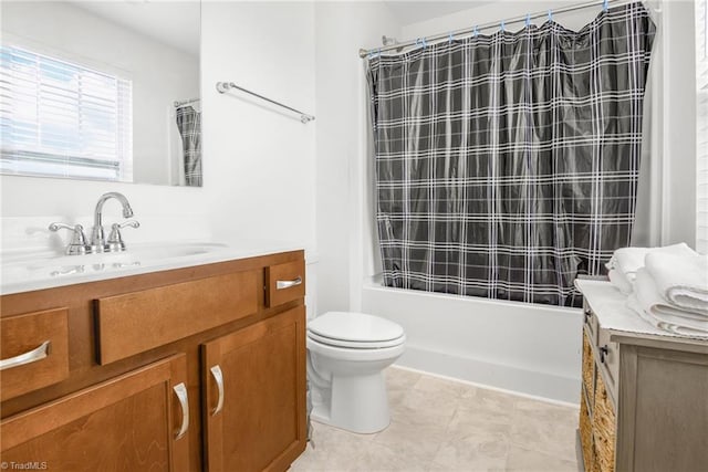 full bathroom with vanity, toilet, shower / tub combo, and tile patterned floors