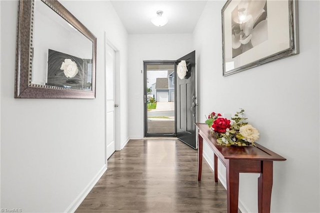 entryway with wood finished floors and baseboards