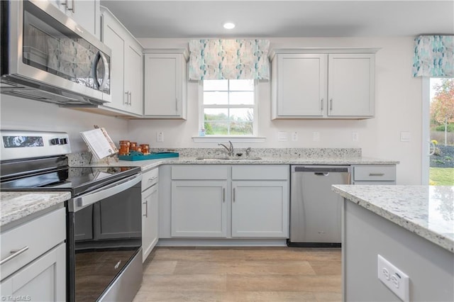 kitchen featuring a wealth of natural light, stainless steel appliances, sink, and light wood-type flooring